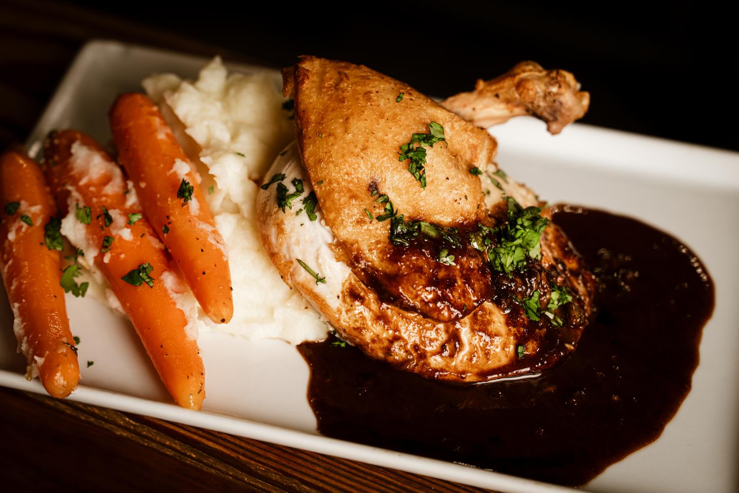 Close-up of roasted chicken plate