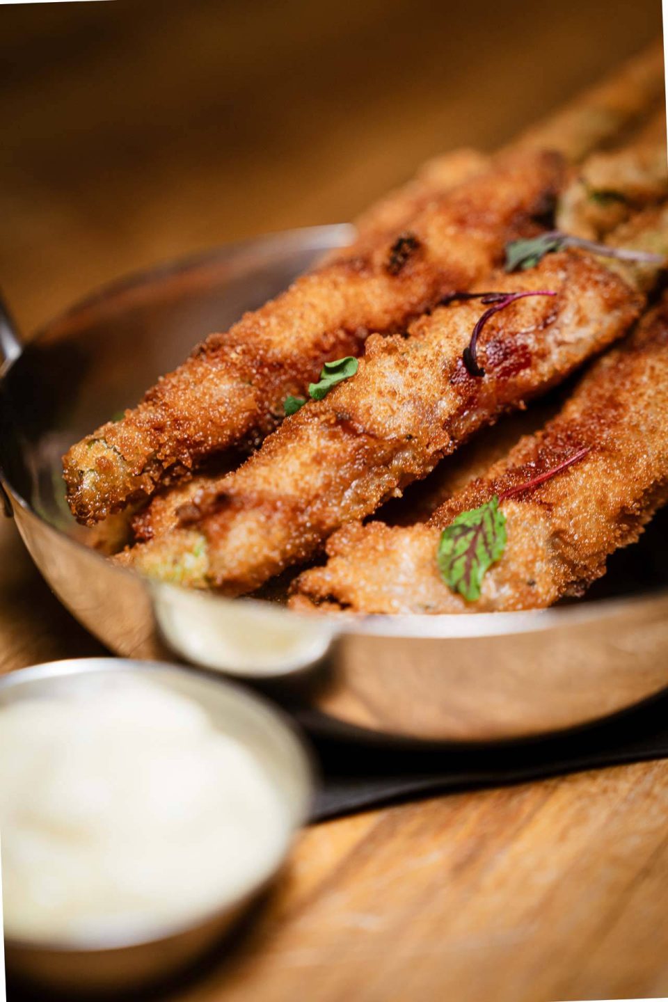 Cornmeal-crusted fried asparagus with aioli