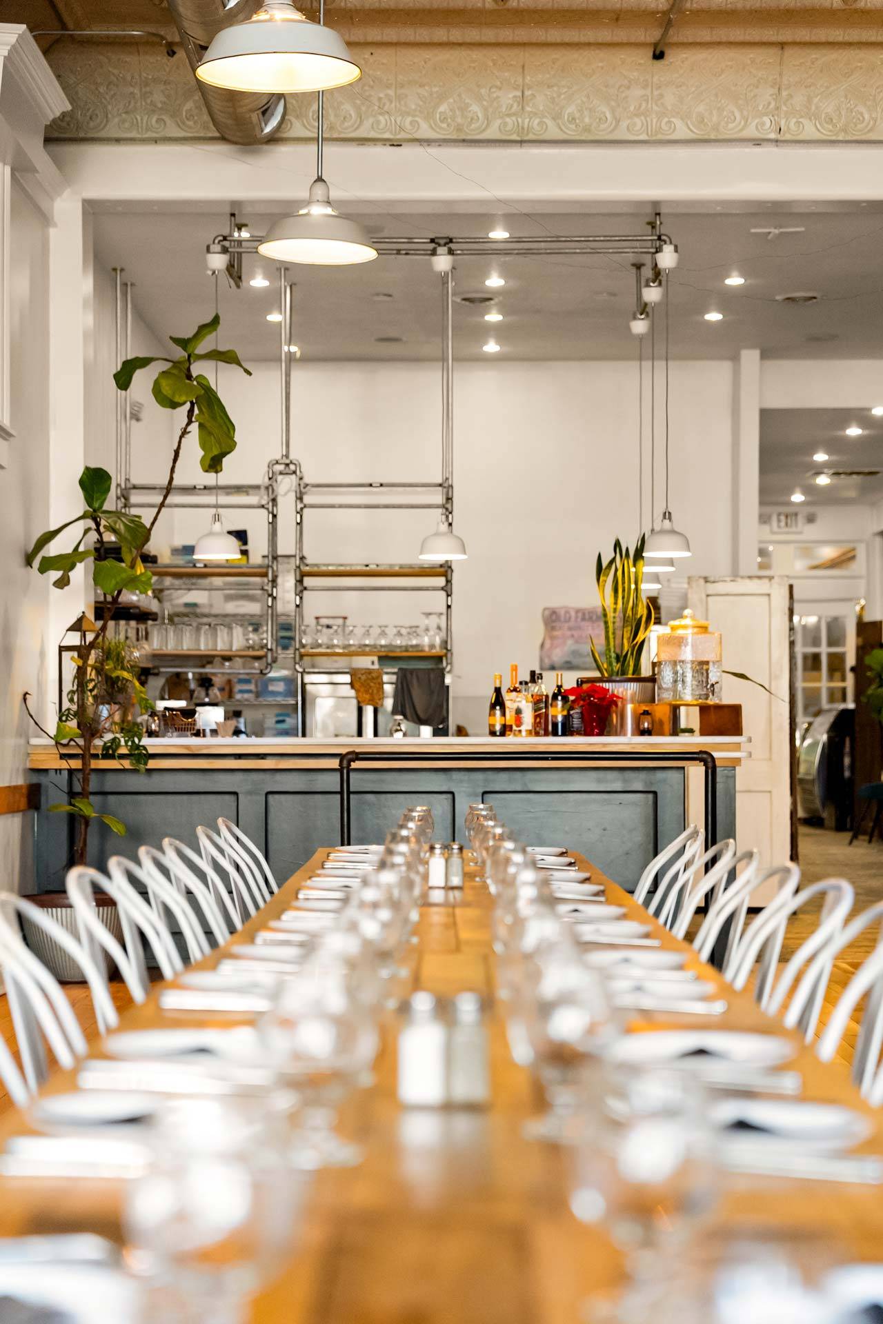Long private dining table inside The Vic