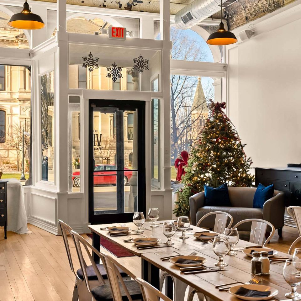 The Vic window seating with holiday tree
